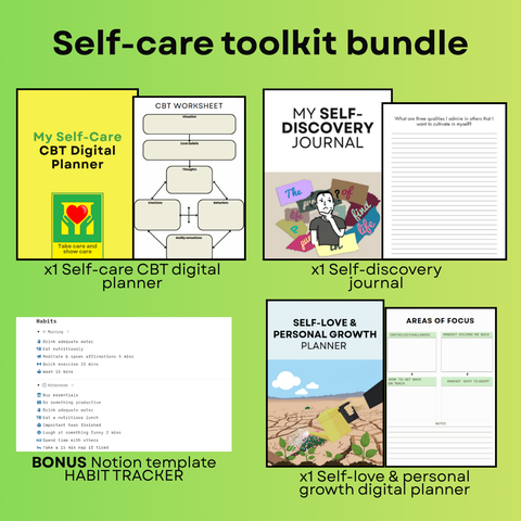 Self-Care Toolkit Bundle – Digital CBT Worksheets, Mental Health Planner & Self-Love Journal